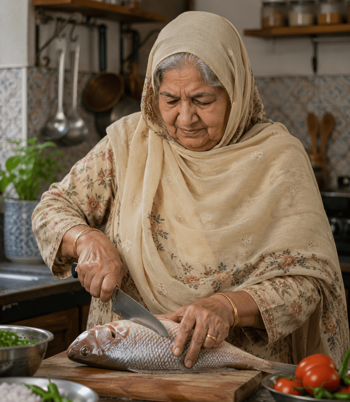 Elderly Pakistani woman smiling happily at home